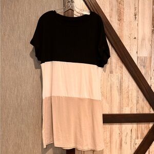 Colorblock Short Sleeve Tunic Dress - Black, White & Tan